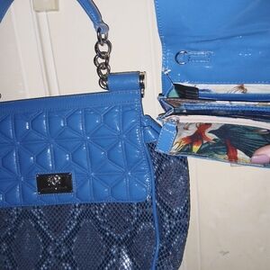 Sharif 827 Blue Vegan Leather Purse w/ Matching Wallet + Crossbody Strap